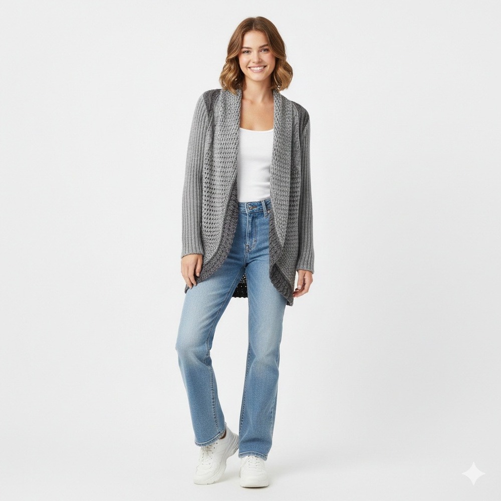 CAbi Gray Knit Cardigan Sweater Duster Open Front Crochet‎ Detail - Size M